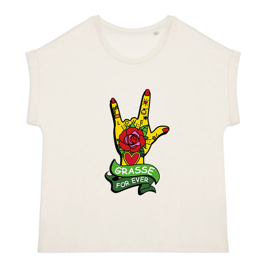 T-shirt femme manches à revers Main Rock Love Grasse - face_0