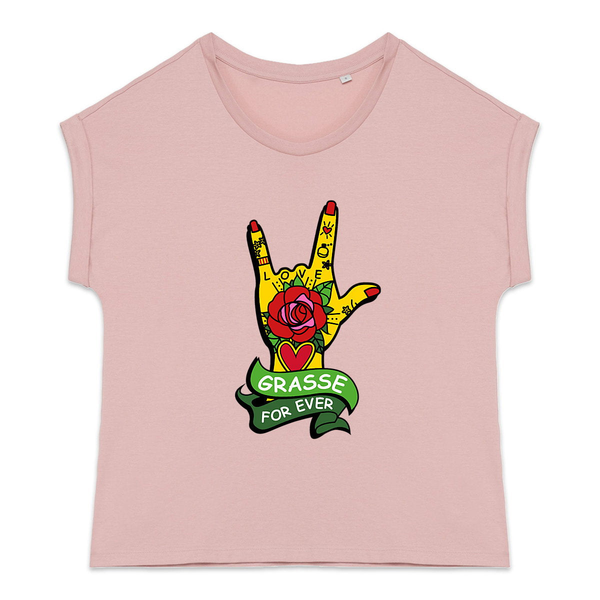 T-shirt femme manches à revers Main Rock Love Grasse - face_3
