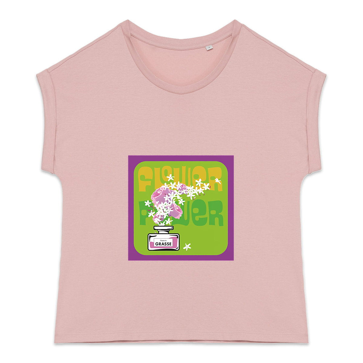 T-shirt femme manches à revers Flower Power mauve - face_3