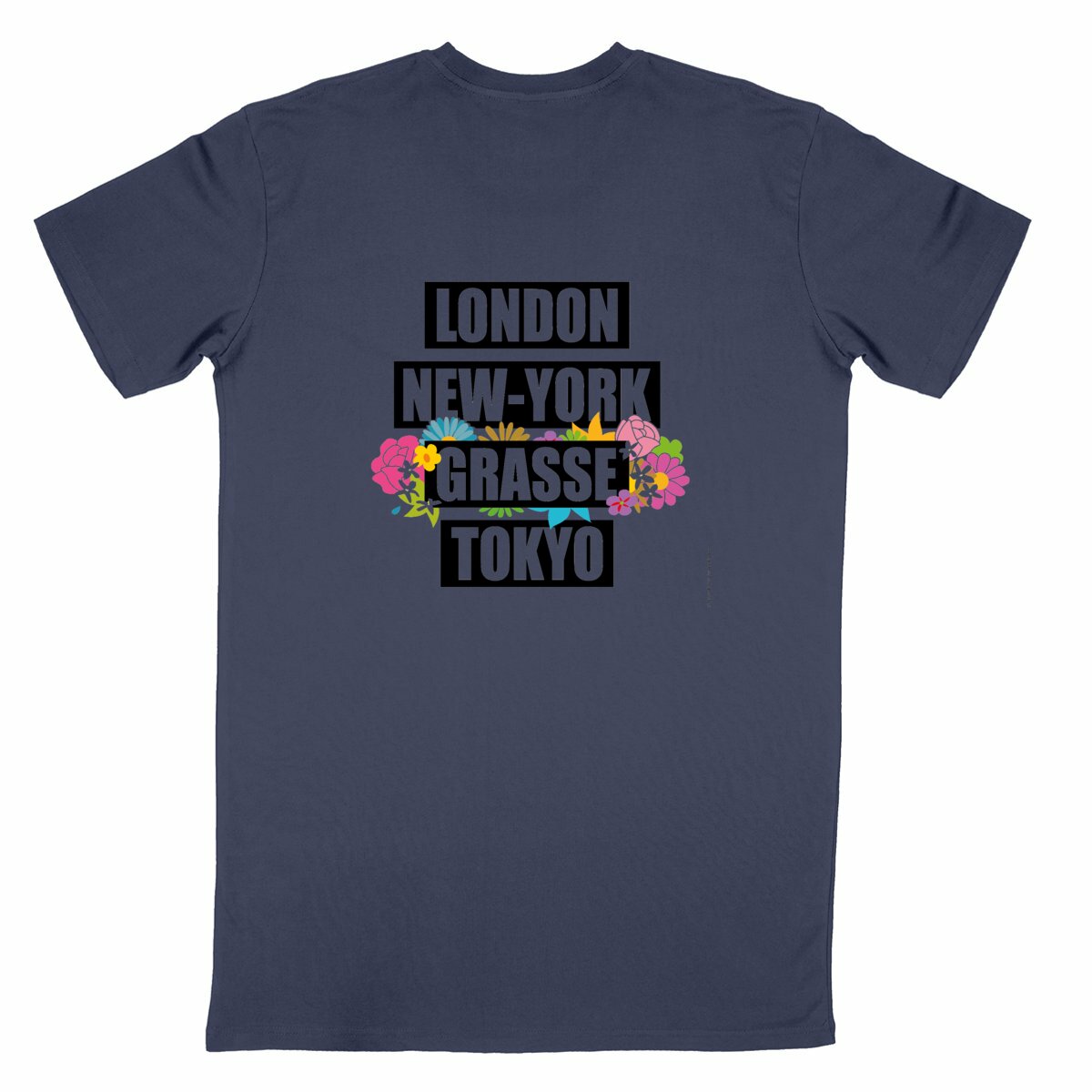 T-shirt Unisexe Classique London NY Grasse fleuri R/V - dos_bleumarine