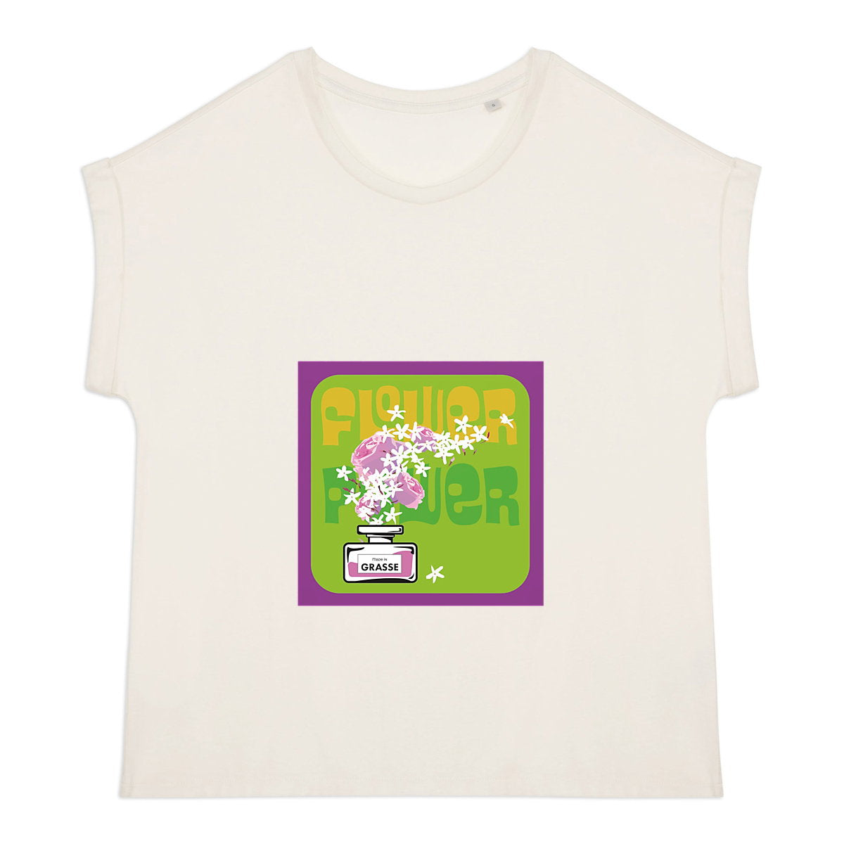 T-shirt femme manches à revers Flower Power mauve - face_0