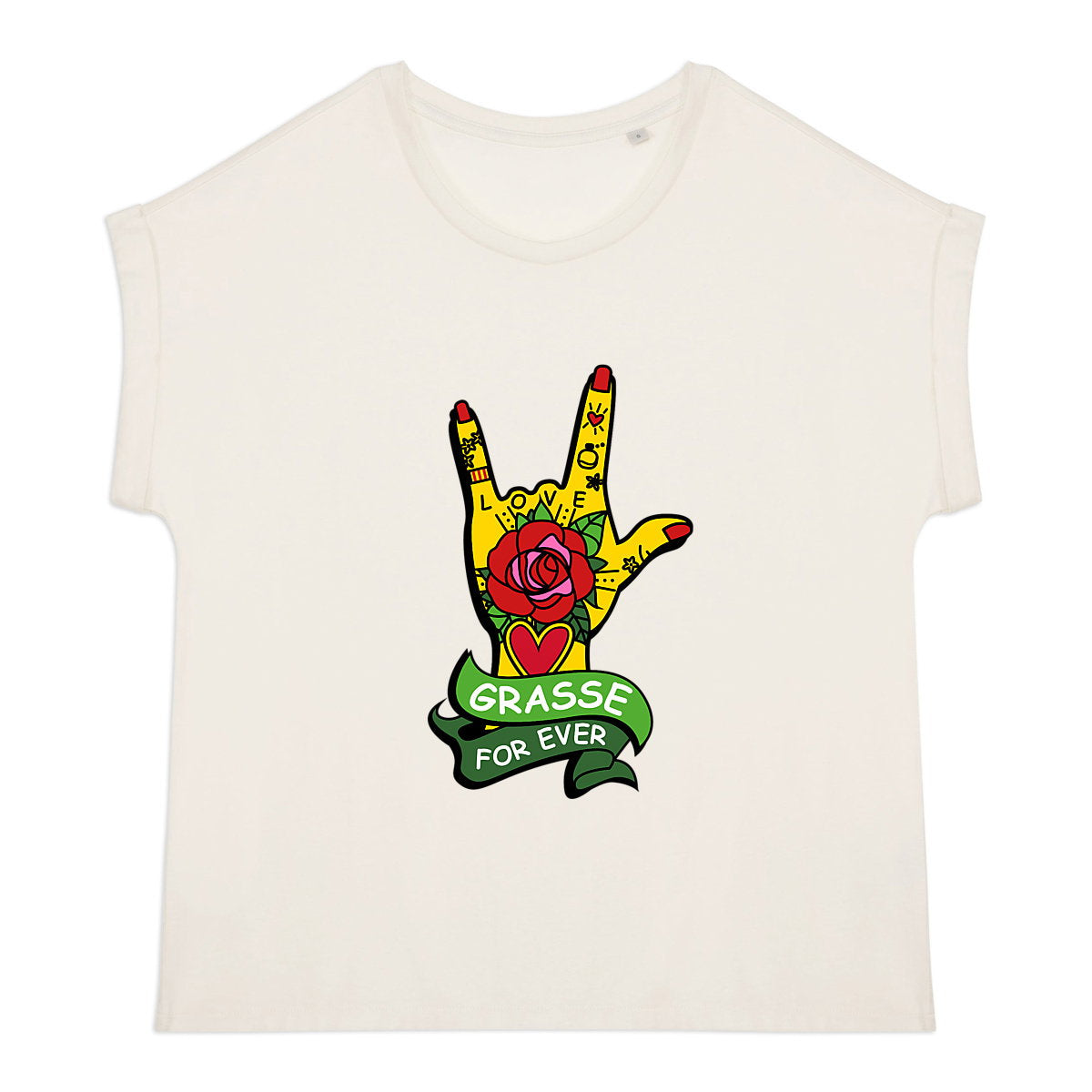 T-shirt femme manches à revers  Main Rock Love Grasse - face_0