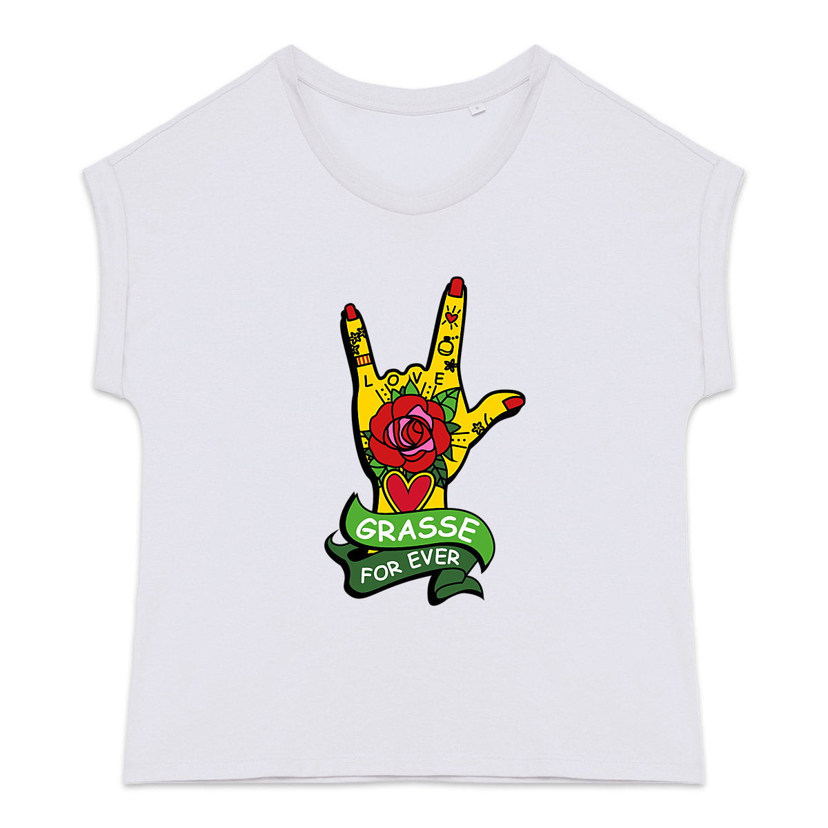 T-shirt femme manches à revers  Main Rock Love Grasse - face_1