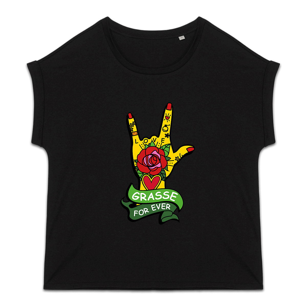 T-shirt femme manches à revers  Main Rock Love Grasse - face_2