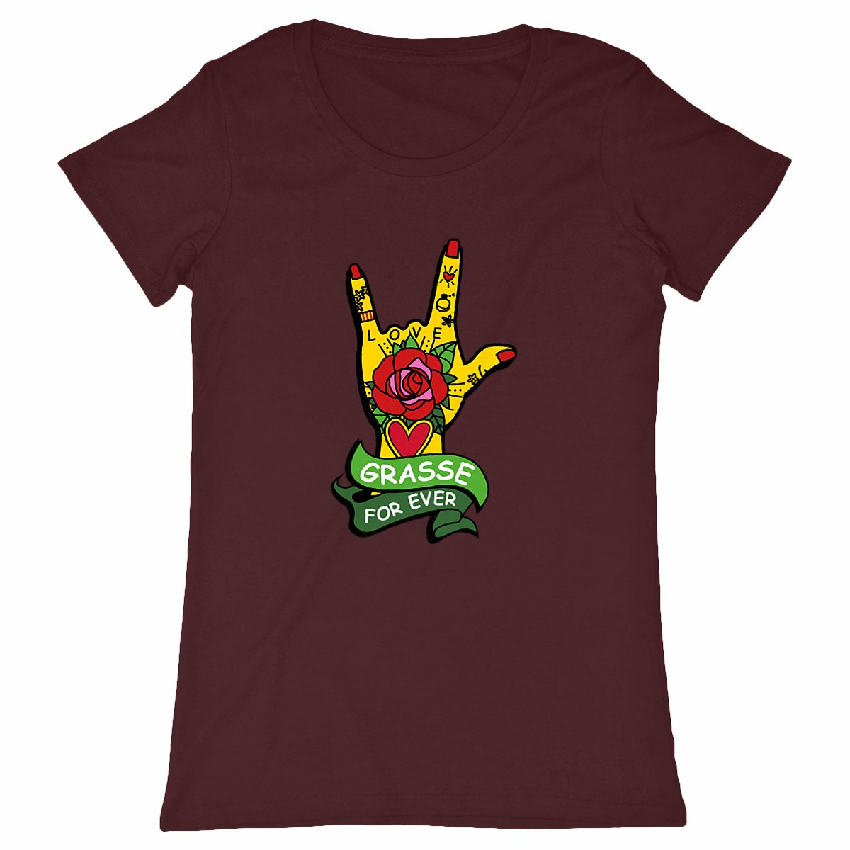 TShirt Femme Love Grasse Rock'n'roll - face_bordeaux