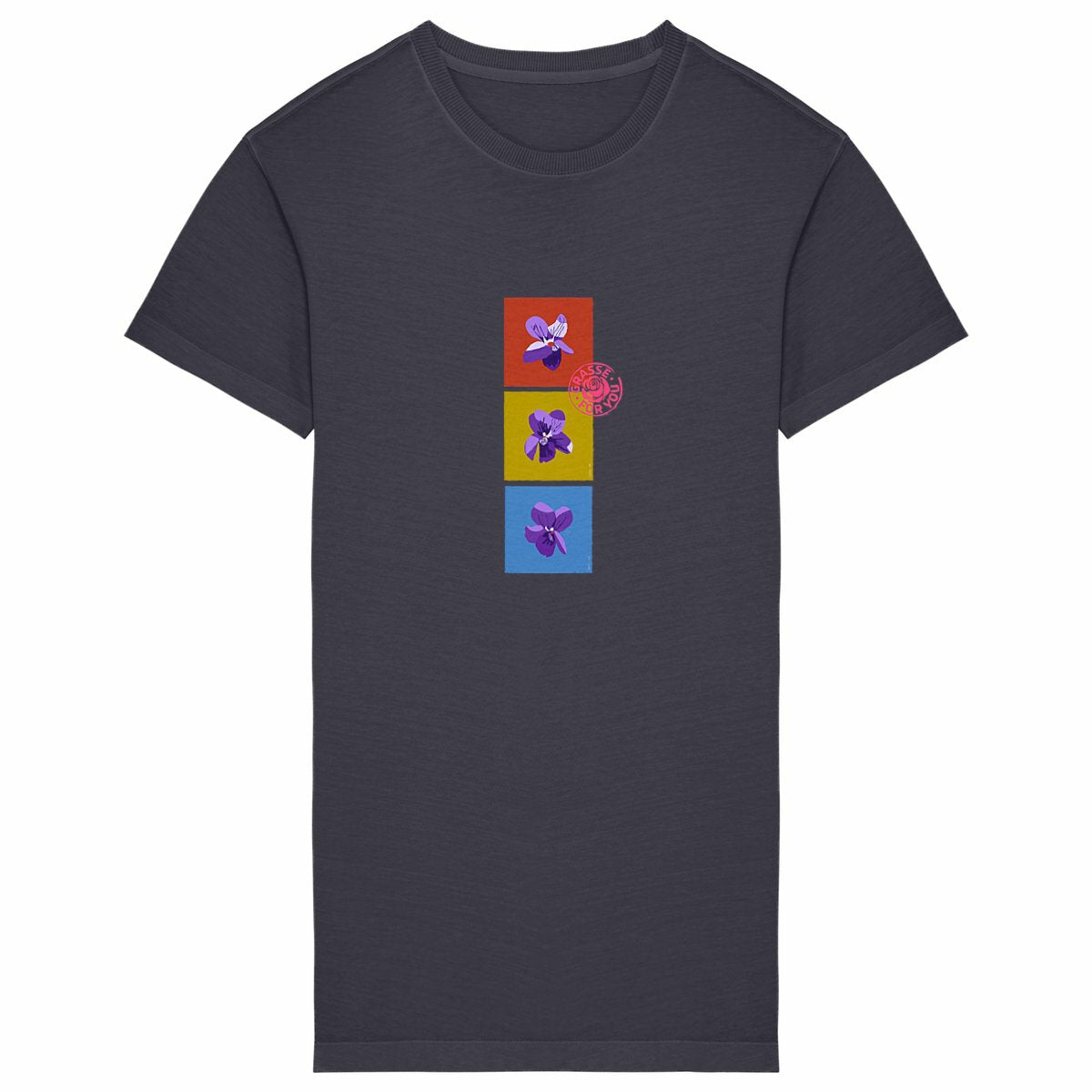 Robe T-shirt Vintage Femme les 3 violettes de Grasse - face_grisanthracite