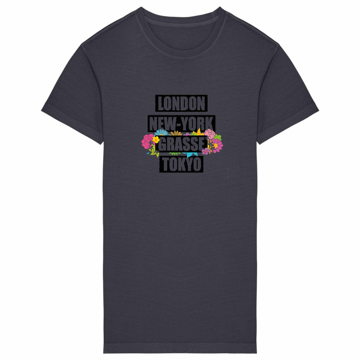 Robe T-shirt Vintage Femme London NY Grasse fleuri - face_grisanthracite