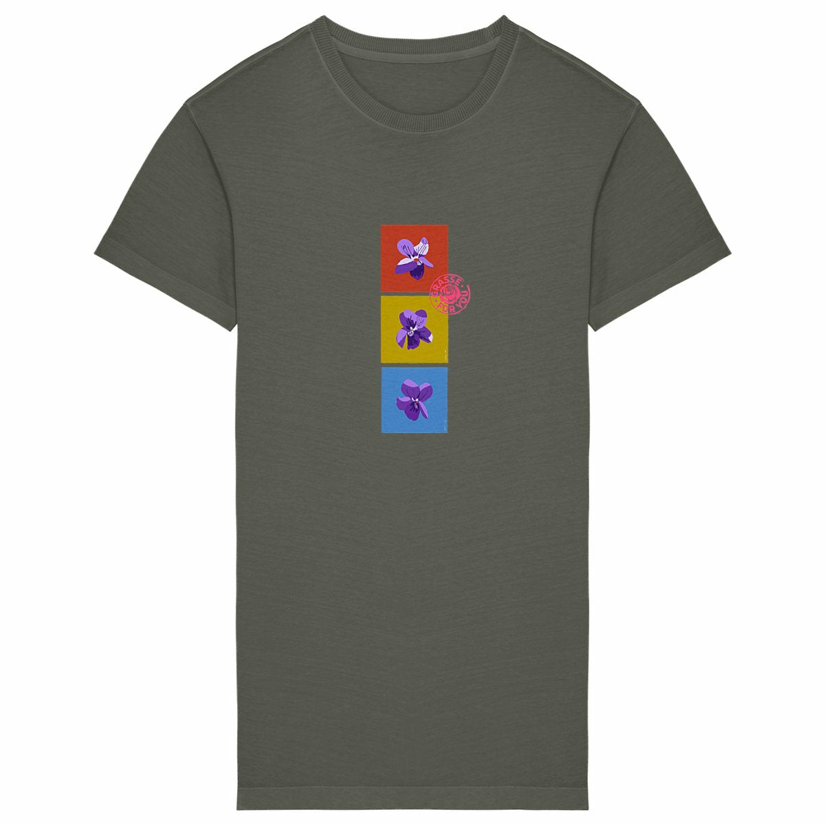 Robe T-shirt Vintage Femme les 3 violettes de Grasse - face_kaki