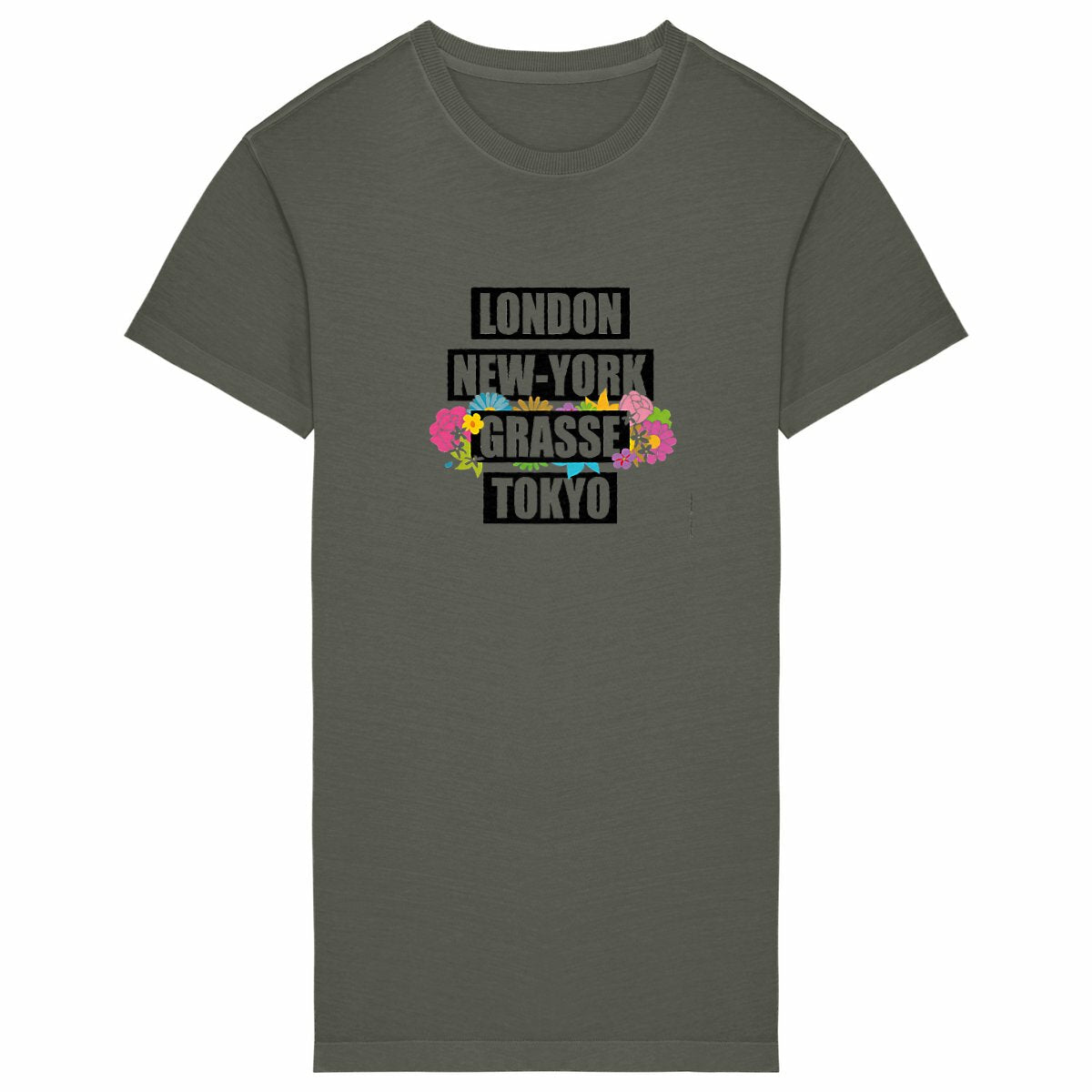 Robe T-shirt Vintage Femme London NY Grasse fleuri - face_kaki