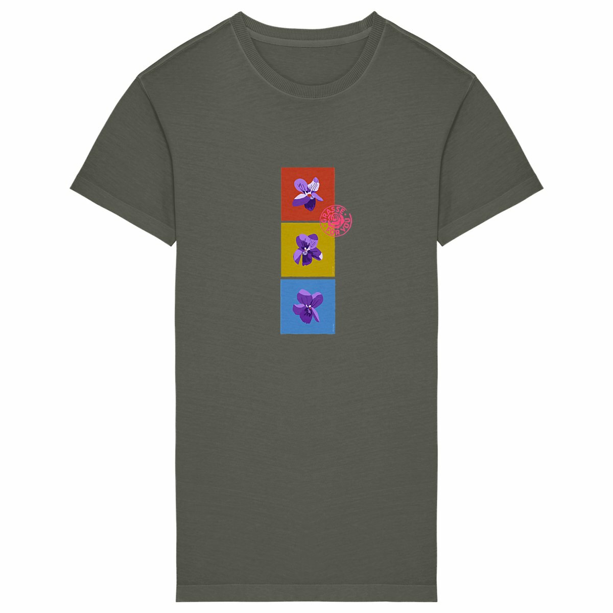Robe T-shirt Vintage Femme les 3 violettes de Grasse - face_kaki