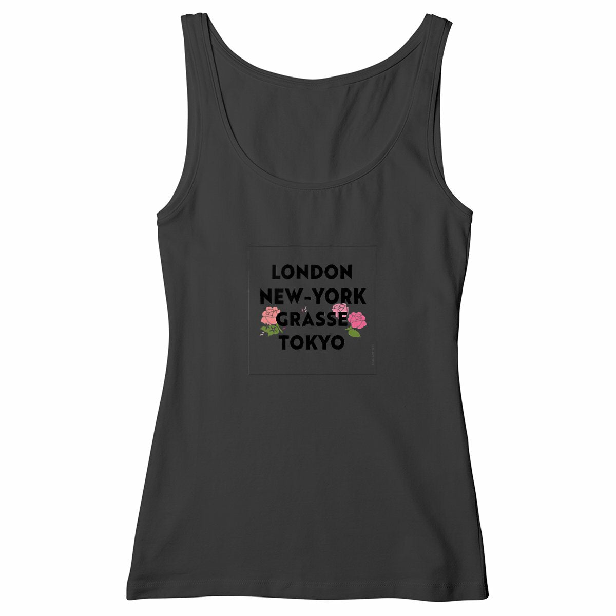 Débardeur Femme Cintré London NY Grasse fleuri - face_noir
